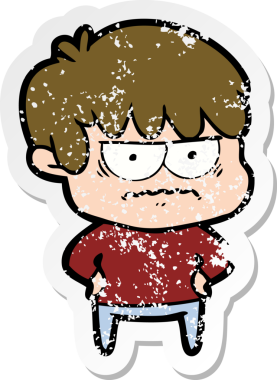 Sinirli bir çizgi film çocuğunun orijinal sıkıntılı çıkartması.