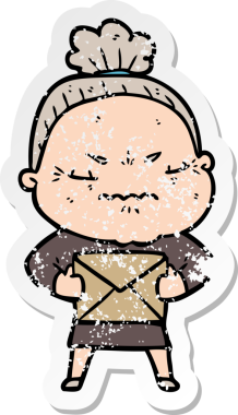 Çizgi filmin orijinal sıkıntılı çıkartması. Sinirli yaşlı kadın.