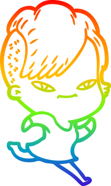 Orijinal gökkuşağı gradyan çizimi. Hipster saç kesimli şirin bir çizgi film kızı.