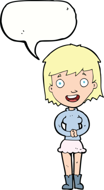 Orijinal çizgi film, konuşma balonlu heyecanlı kadın.