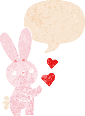 Özgün, sevimli çizgi film tavşanı. Aşk dolu kalpler. Konuşma baloncuğu, grunge desenli.