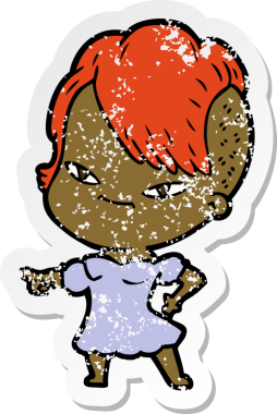 Hipster tıraşlı, sevimli bir çizgi film kızına ait orijinal bir çıkartma.