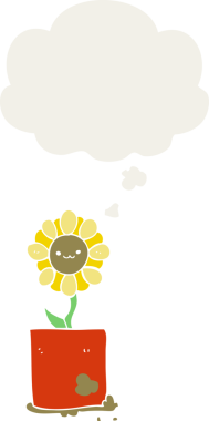 Geçmişe dönük düşünce baloncuğu olan orijinal bir çizgi film çiçeği.