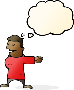 Düşünce baloncuğuyla yön gösteren orijinal çizgi film adamı.