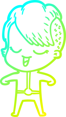 Orijinal soğuk gradyan çizgisi fütürist giysiler içinde mutlu bir çizgi film kızı çiziyor.