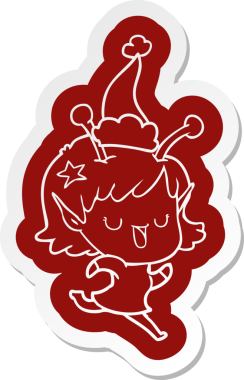 Orijinal mutlu uzaylı kız garip çizgi film çıkartması Noel Baba şapkası takıyor.