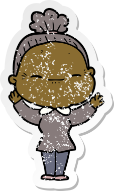 Huzurlu, yaşlı bir kadının orijinal, sıkıntılı çıkartması.