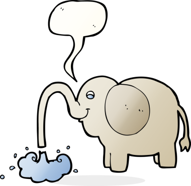 Orijinal karikatür fili konuşma baloncuklu su fışkırtıyor.