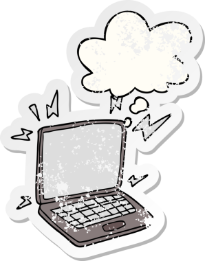 Sıkıntılı bir çıkartma olarak düşünce balonlu orijinal dizüstü bilgisayar.