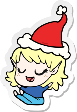 Noel Baba şapkası takan elf bir kızın orijinal mutlu el çizimi çıkartması.