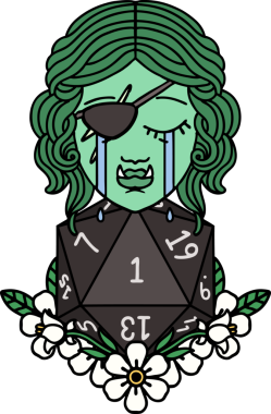 Orijinal Retro Dövme Tarzı ağlayan yarı ork haydut karakter ve doğal bir D20 rulo