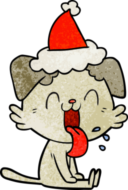 Noel Baba şapkası takan, nefes nefese bir köpeğin orijinal el çizimi karikatürü.