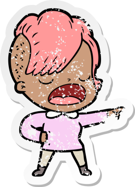 Karikatür karikatürünün orijinal sıkıntılı çıkartması. Havalı hippi kız konuşuyor.