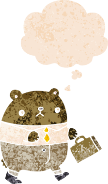 Düşünce baloncuğu ile iş kıyafetleri içinde orijinal çizgi film ayısı grunge sıkıntı retro desenli tarzı