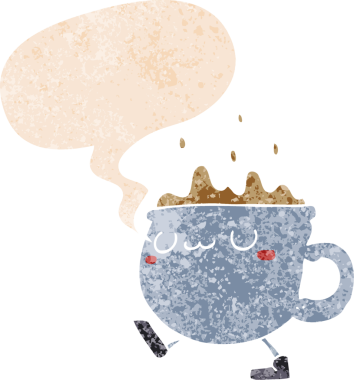 Orijinal çizgi film kahve fincanı konuşma baloncuğu ile yürür grunge sıkıntı retro desenli stil