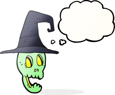 Orijinal serbest çizim balon kafatası cadı şapkası takıyor.