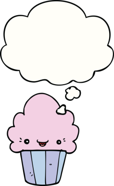 Yüzünde düşünce kabarcığı olan orijinal çizgi film keki.