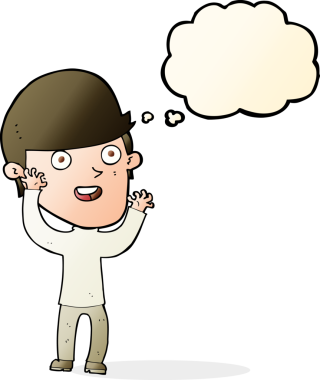 Düşünce baloncuğu olan mutlu bir adam.