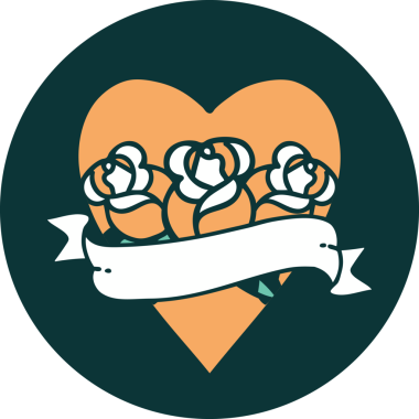 Orjinal ikonik dövme stili. Çiçekli bir kalp ve pankart.