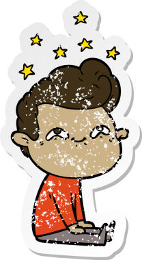 Heyecanlı bir karikatürün orijinal sıkıntılı çıkartması.