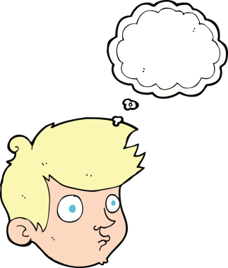 Düşünce kabarcığı olan orijinal çizgi film çocuğu.