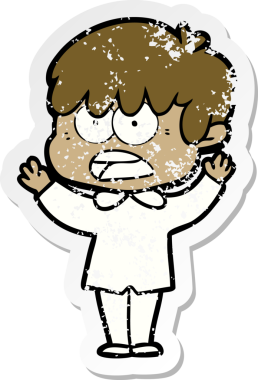 Endişeli bir çizgi film çocuğunun orijinal sıkıntılı çıkartması.