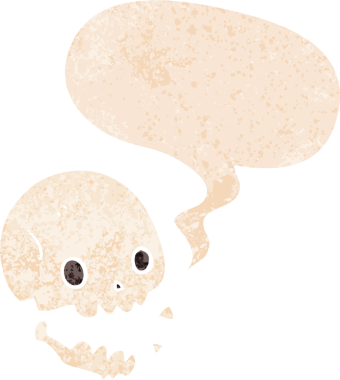 grunge strese uğramış eski dokuma tarzında konuşma baloncuğu ile orijinal çizgi film ürkütücü kafatası