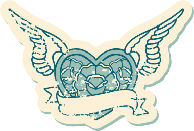 Çiçek ve bayrak taşıyan uçan bir kalbin orjinal ikonik kederli dövme görüntüsü