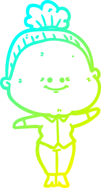 Mutlu, yaşlı bir kadının çizgi film çizimi.