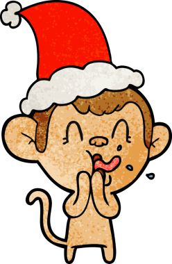 Orijinal çılgın el çizimi, Noel Baba şapkası takan bir maymun çizimi.