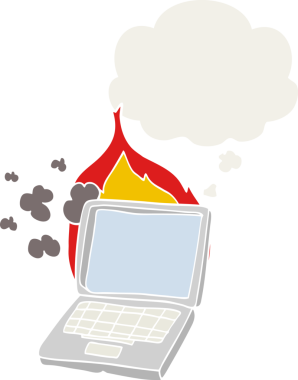 Orijinal çizgi film kırık dizüstü bilgisayar düşünce baloncuğu ile retro tarzı