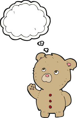 Düşünce baloncuklu oyuncak ayıyı sallayan orijinal çizgi film