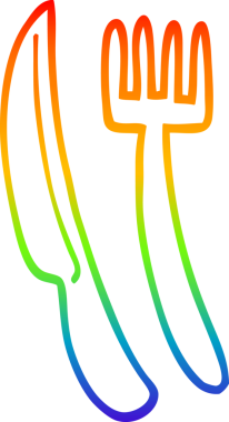 Orijinal gökkuşağı gradyan çizgi çizimi bir karikatür bıçağı ve çatal