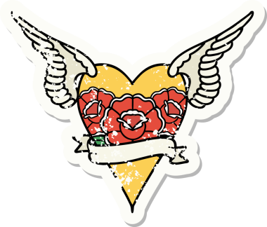 Geleneksel bir stil olan, çiçek ve bayrak taşıyan uçan kalp şeklinde orijinal bir etiket dövmesi.