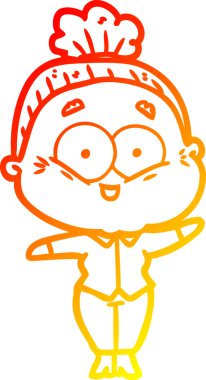 Mutlu, yaşlı bir kadının orjinal sıcak çizgi çizimi.