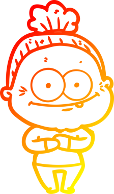 Mutlu, yaşlı bir kadının orjinal sıcak çizgi çizimi.