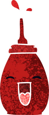 Orijinal retro illüstrasyon stili tuhaf çizgi film mutlu kırmızı sos