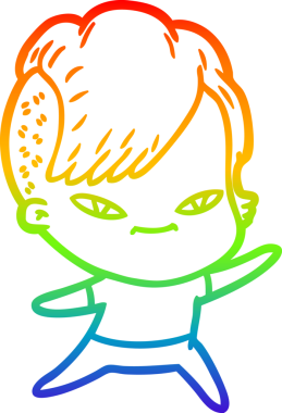 Orijinal gökkuşağı gradyan çizimi. Hipster saç kesimli şirin bir çizgi film kızı.