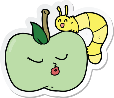 Çizgi filmin orijinal çıkartması. Güzel elma ve böcek.