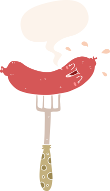 Orijinal çizgi film mutlu sosis çatal üzerinde konuşma balonu ile retro tarzı