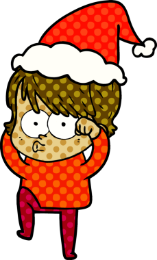 Orijinal el çizimi çizgi roman tarzı Noel Baba şapkası takan bir kadın.