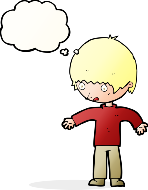 Düşünce baloncuğu olan kafası karışmış çocuk.