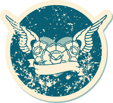 Çiçek ve bayrak taşıyan uçan bir kalbin orjinal ikonik kederli dövme görüntüsü