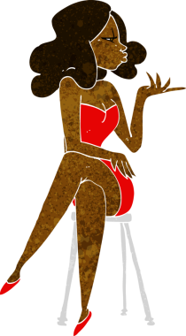 Bar taburesinde oturan orijinal çizgi film kadını.