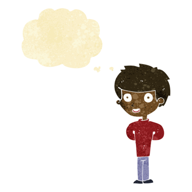 Düşünce baloncuğu olan mutlu çocuk.