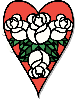 Geleneksel bir kalp ve çiçek stiliyle orijinal dövme çıkartması.