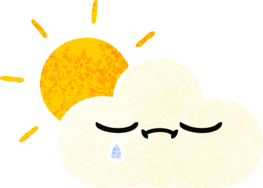 Orijinal retro illüstrasyon tarzı bir güneş ve bulut karikatürü