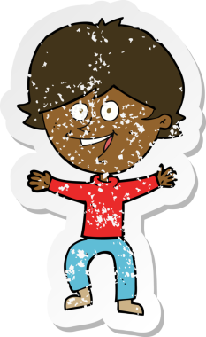 Orijinal gerilim dolu çizgi film yapıştırması gülen mutlu çocuk.