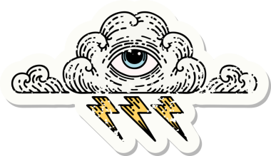 Her şeyi gören bulutun geleneksel stiliyle orijinal, sıkıntılı etiket dövmesi.