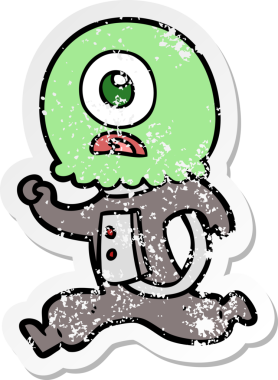 Orijinal sıkıntılı çizgi film etiketi Kiklops uzaylı uzay adamı koşuyor